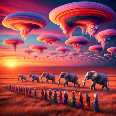 The primary subject of the image is a group of elephants walking across a field. There are several elephants in the scene, with some walking closer to the foreground and others further in the background. The setting is a grassy field with a sky background, creating a serene and natural atmosphere. The visual style of the image is a combination of digital art and illustration, giving it a unique and artistic appearance. The colors in the image are predominantly earth tones, which contribute to the overall mood of the